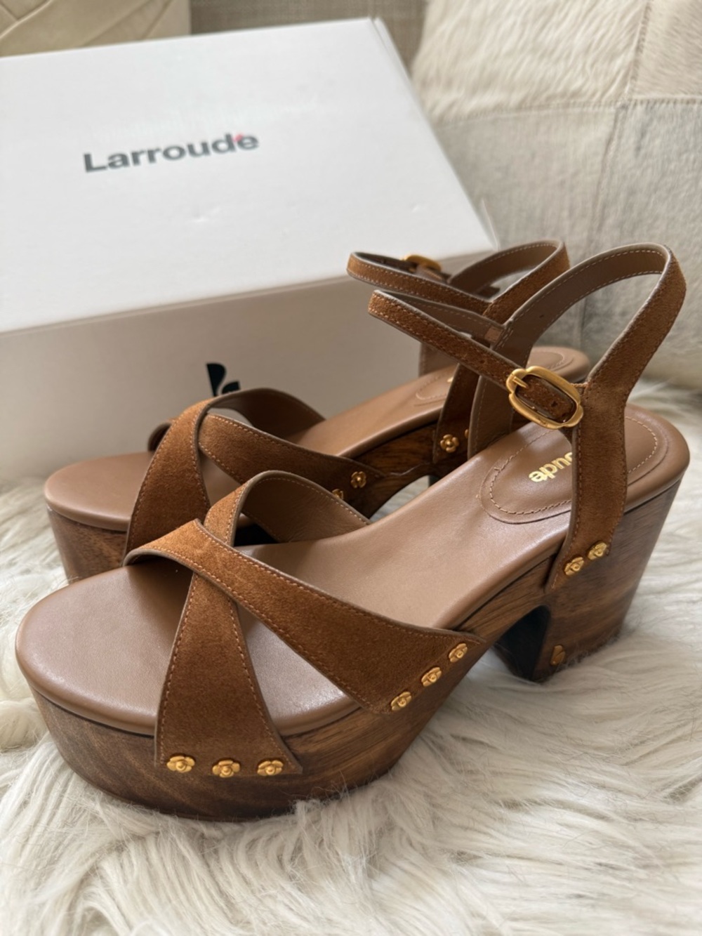 Larroude Talitha Russet Suede Platform Sandals with Gold Studs - Picture 6 of 12